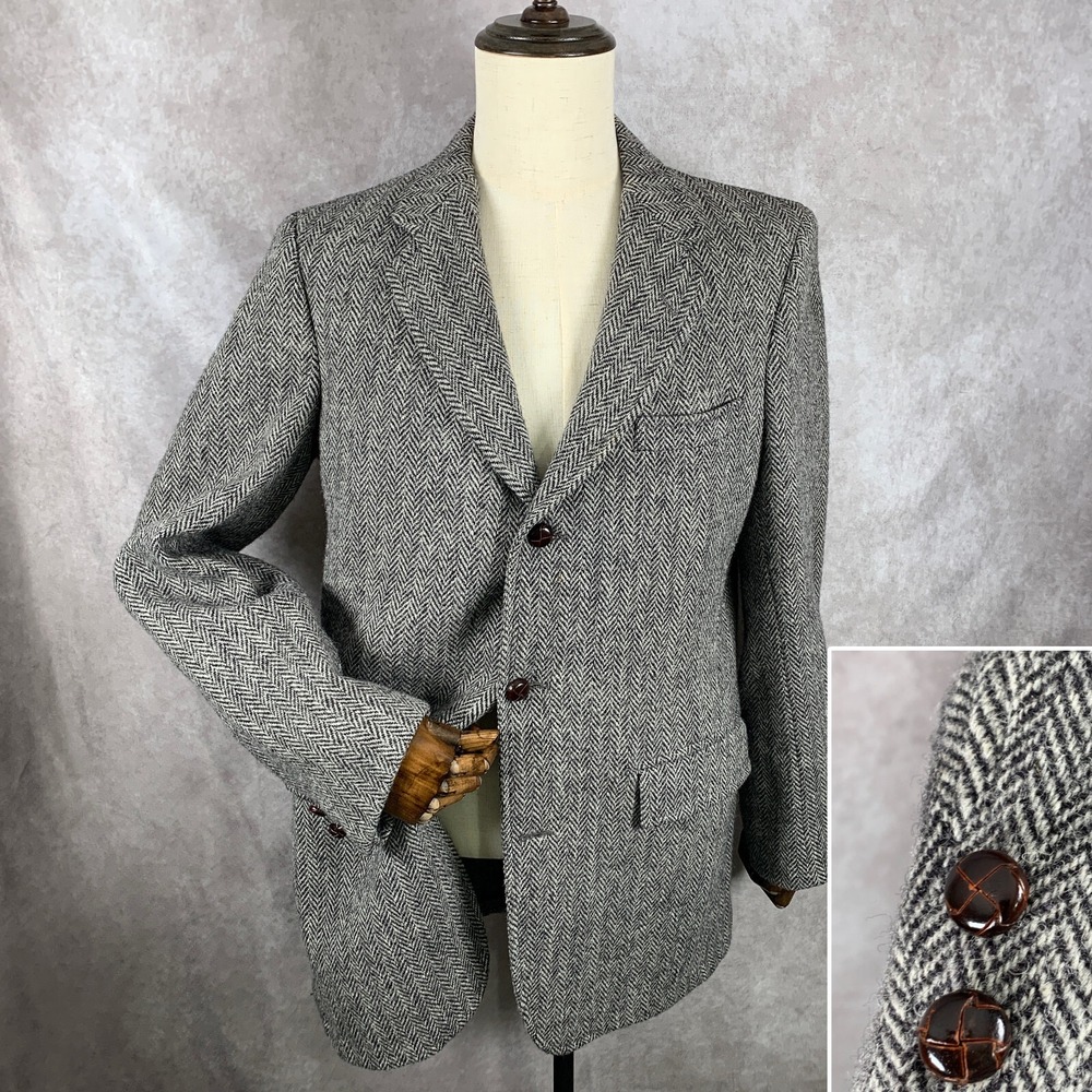 Harris Tweed Blazer Jacket Men 44 Gray Herringbone Sport Coat VTG Wool